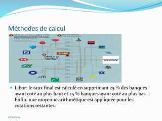 Méthodes de calcul
 Libor: le taux final est calculé en supprimant 25 % des banques
ayant coté au plus haut et 25 % banques ayant coté au plus bas.
Enfin, une moyenne arithmétique est appliquée pour les
cotations restantes.
27/10/2015
 