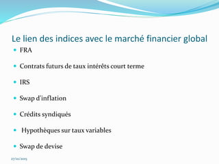 Le lien des indices avec le marché financier global
 FRA
 Contrats futurs de taux intérêts court terme
 IRS
 Swap d'inflation
 Crédits syndiqués
 Hypothèques sur taux variables
 Swap de devise
27/10/2015
 
