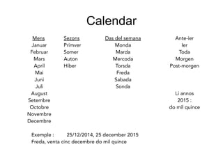 Calendar
Mens
Januar
Februar
Mars
April
Mai
Juni
Juli
August
Setembre
Octobre
Novembre
Decembre
Sezons
Primver
Somer
Auton
Hiber
Das del semana
Monda
Marda
Mercoda
Torsda
Freda
Sabada
Sonda
Ante-ier
Ier
Toda
Morgen
Post-morgen
Li annos
2015:
do mil quince
Exemple: 25/12/2014, 25 december 2015
Freda, venta cinc decembre do mil quince
 