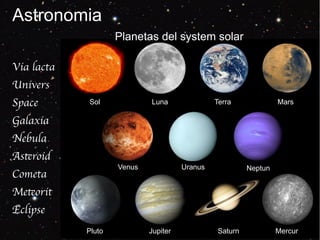 Astronomia
Via lacta
Univers
Space
Galaxia
Nebula
Asroid
Cometa
Meorit
Eclipse
Sol Luna Terra
NeptunUranus
Mars
MercurSaturnJupiterPluto
Venus
Planetas del system solar
 