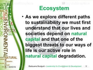 Ecosystem
• As we explore different paths
to sustainability we must first
understand that our lives and
societies depend o...