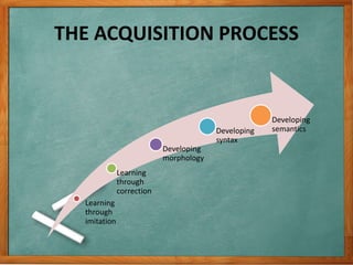 THE ACQUISITION PROCESS
Learning
through
imitation
Learning
through
correction
Developing
morphology
Developing
syntax
Developing
semantics
 