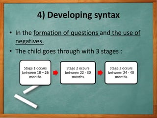 4) Developing syntax
• In the formation of questions and the use of
negatives.
• The child goes through with 3 stages :
Stage 1 occurs
between 18 – 26
months
Stage 2 occurs
between 22 - 30
months
Stage 3 occurs
between 24 - 40
months
 