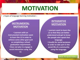 MOTIVATION
• 2 types of language learning motivation :-
INSTRUMENTAL
MOTIVATION
• Learners with an
instrumental motivation want
to learn the L2 in order to
achieve some other goal such
as completing a school
graduation requirement.
• Does not plan to engage in
social interaction using the
L2.
INTEGRATIVE
MOTIVATION
• Learners want to learn the
L2 so that they can better
understand and get to know
the people who speak that
language.
• Usually for social purposes
in order to take part in the
social life of a community
using the language.
BACK TO QUESTION 6
 