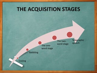 Cooing
Babbling
The one-
word stage
The two-
word stage
Telegraphic
speech
THE ACQUISITION STAGES
 