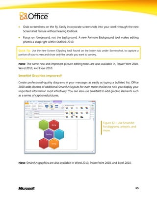    Grab screenshots on the fly. Easily incorporate screenshots into your work through the new
    Screenshot feature without leaving Outlook.

   Focus on foreground, not the background. A new Remove Background tool makes editing
    photos a snap right within Outlook 2010.


Quick Tip: Use the new Screen Clipping tool, found on the Insert tab under Screenshot, to capture a
portion of your screen and show only the details you want to convey.


Note: The same new and improved picture editing tools are also available in, PowerPoint 2010,
Word 2010, and Excel 2010.

SmartArt Graphics Improved!

Create professional-quality diagrams in your messages as easily as typing a bulleted list. Office
2010 adds dozens of additional SmartArt layouts for even more choices to help you display your
important information most effectively. You can also use SmartArt to add graphic elements such
as a series of captioned pictures.




                                                                       Figure 12 – Use SmartArt
                                                                       for diagrams, artwork, and
                                                                       more.




Note: SmartArt graphics are also available in Word 2010, PowerPoint 2010, and Excel 2010.




                                                                                                15
 