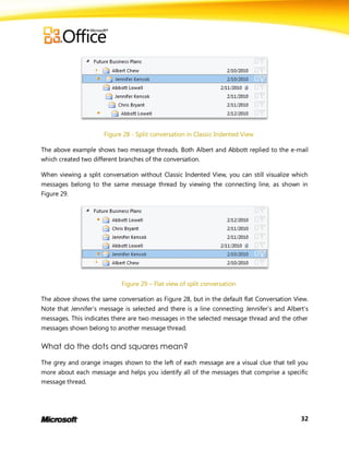 Figure 28 - Split conversation in Classic Indented View

The above example shows two message threads. Both Albert and Abbott replied to the e-mail
which created two different branches of the conversation.

When viewing a split conversation without Classic Indented View, you can still visualize which
messages belong to the same message thread by viewing the connecting line, as shown in
Figure 29.




                            Figure 29 – Flat view of split conversation

The above shows the same conversation as Figure 28, but in the default flat Conversation View.
Note that Jennifer’s message is selected and there is a line connecting Jennifer’s and Albert’s
messages. This indicates there are two messages in the selected message thread and the other
messages shown belong to another message thread.

What do the dots and squares mean?
The grey and orange images shown to the left of each message are a visual clue that tell you
more about each message and helps you identify all of the messages that comprise a specific
message thread.




                                                                                            32
 