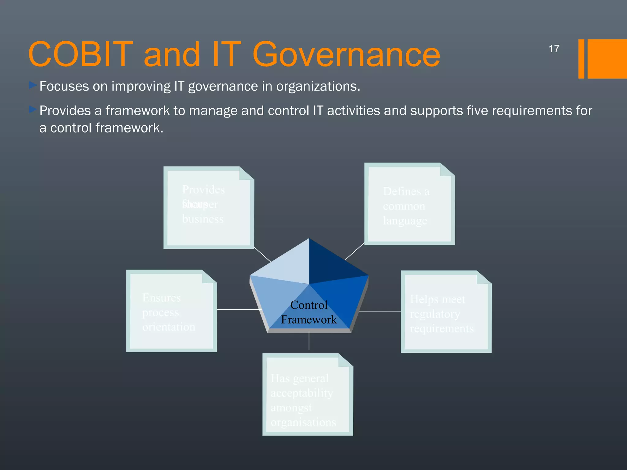 COBIT and IT Governance
► Focuses

17

on improving IT governance in organizations.

► Provides

a framework to manage and control IT activities and supports five requirements for
a control framework.

Provides
focus
sharper
business

Ensures
process
orientation

Defines a
common
language

Control
Framework

Has general
acceptability
amongst
organisations

Helps meet
regulatory
requirements

 