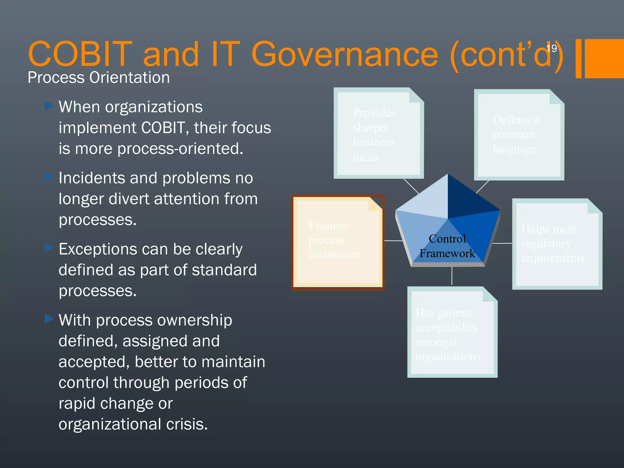 COBIT and IT Governance (cont’d)
Process Orientation
19

► When

organizations
implement COBIT, their focus
is more process-oriented.
and problems no
longer divert attention from
processes.

Provides
sharper
business
focus

Defines a
common
language

► Incidents

► Exceptions

can be clearly
defined as part of standard
processes.

► With

process ownership
defined, assigned and
accepted, better to maintain
control through periods of
rapid change or
organizational crisis.

Ensures
process
orientation

Control
Framework

Has general
acceptability
amongst
organisations

Helps meet
regulatory
requirements

 