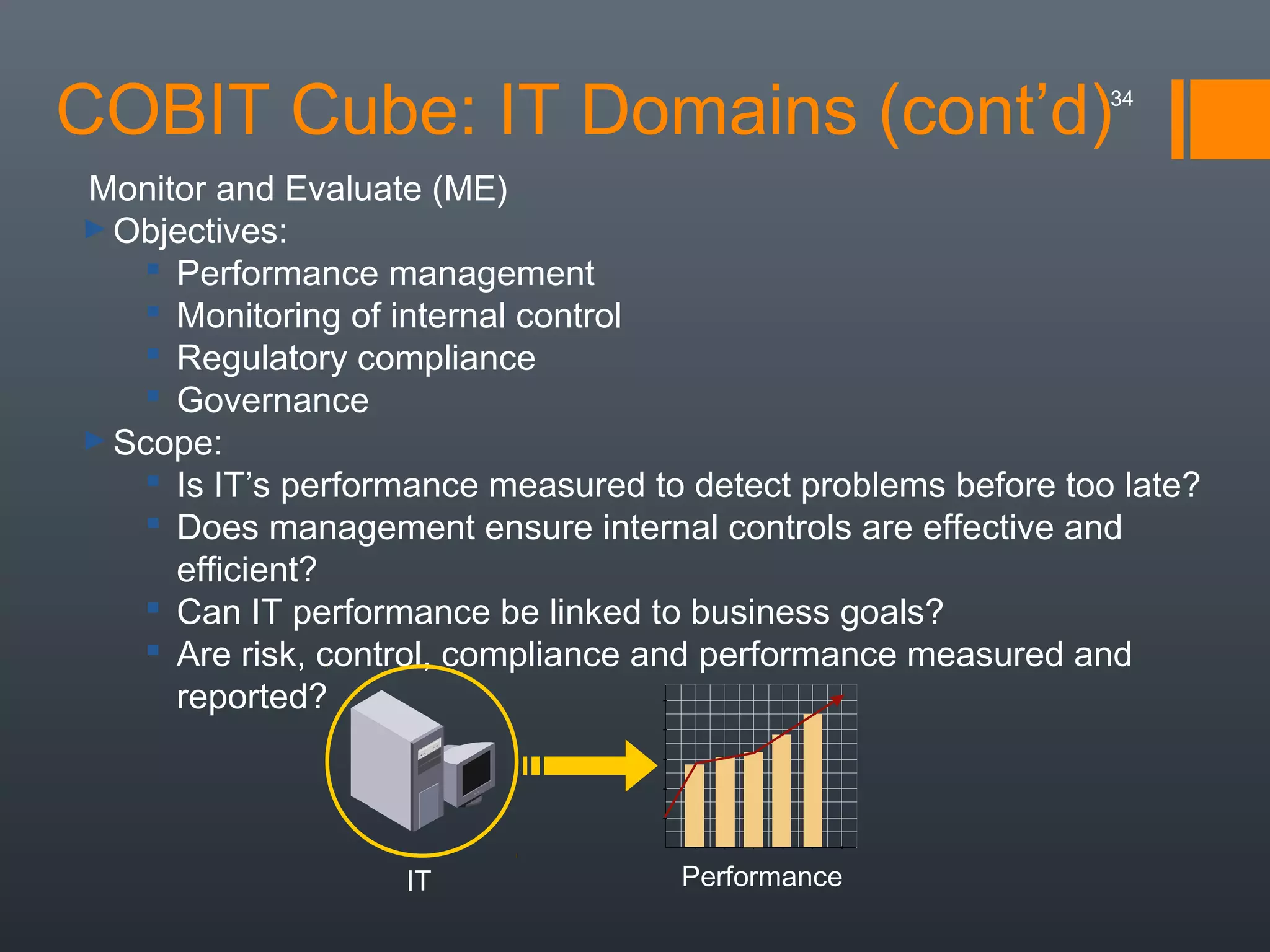 COBIT Cube: IT Domains (cont’d)

34

Monitor and Evaluate (ME)
► Objectives:
 Performance management
 Monitoring of internal control
 Regulatory compliance
 Governance
► Scope:
 Is IT’s performance measured to detect problems before too late?
 Does management ensure internal controls are effective and
efficient?
 Can IT performance be linked to business goals?
 Are risk, control, compliance and performance measured and
reported?

IT

Performance

 