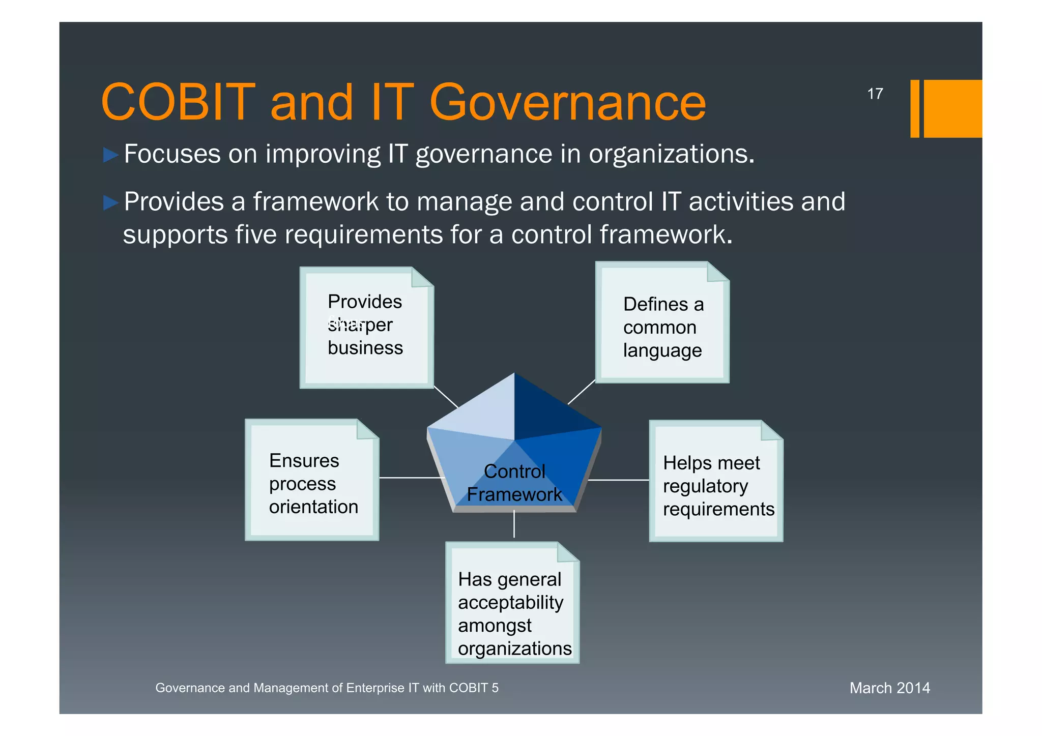 March 2014Governance and Management of Enterprise IT with COBIT 5
►Focuses on improving IT governance in organizations.
►Provides a framework to manage and control IT activities and
supports five requirements for a control framework.
Has general
acceptability
amongst
organizations
Helps meet
regulatory
requirements
Control
Framework
Defines a
common
language
Provides
sharper
business
Ensures
process
orientation
focus
COBIT and IT Governance 17
 
