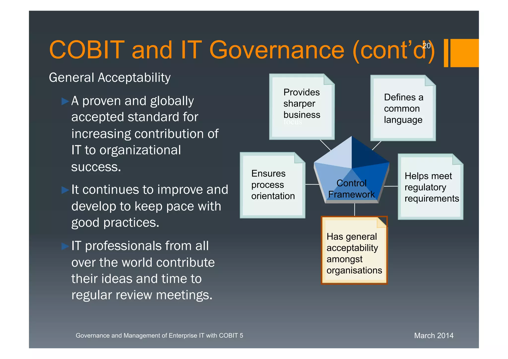 March 2014Governance and Management of Enterprise IT with COBIT 5
General Acceptability
►A proven and globally
accepted standard for
increasing contribution of
IT to organizational
success.
►It continues to improve
and develop to keep pace
with good practices.
►IT professionals from all
over the world contribute
their ideas and time to
regular review meetings.
Has general
acceptability
amongst
organisations
Defines a
common
language
Helps meet
regulatory
requirements
Provides
sharper
business
Ensures
process
orientation
Control
Framework
focus
COBIT and IT Governance (cont’d)20
 