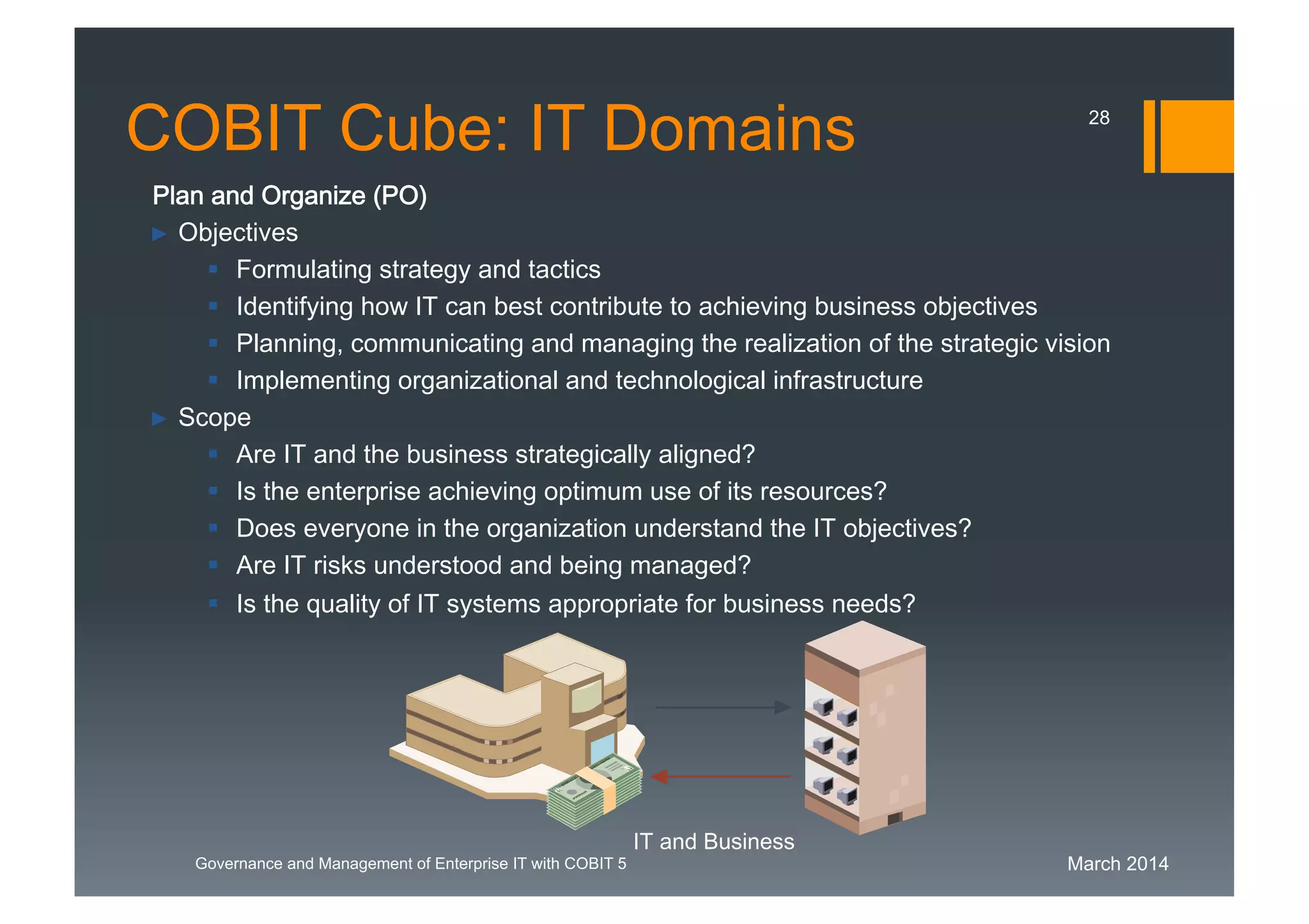 March 2014Governance and Management of Enterprise IT with COBIT 5
Plan and Organize (PO)
► Objectives
 Formulating strategy and tactics
 Identifying how IT can best contribute to achieving business objectives
 Planning, communicating and managing the realization of the strategic vision
 Implementing organizational and technological infrastructure
► Scope
 Are IT and the business strategically aligned?
 Is the enterprise achieving optimum use of its resources?
 Does everyone in the organization understand the IT objectives?
 Are IT risks understood and being managed?
 Is the quality of IT systems appropriate for business needs?
IT and Business
COBIT Cube: IT Domains 28
 