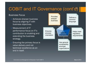 March 2014Governance and Management of Enterprise IT with COBIT 5
Business Focus
►Achieves sharper business
focus by align...