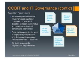 March 2014Governance and Management of Enterprise IT with COBIT 5
Regulatory Requirements
►Recent corporate scandals
have ...