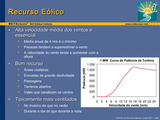 © Ministro de Recursos Naturais Canada 2001 – 2006. 
RReeccuurrssoo EEóólliiccoo 
• Alta velocidade mmééddiiaa ddooss vveennttooss éé 
eesssseenncciiaall 
 Média anual de 4 m/s é o mínimo 
 Pessoas tendem a superestimar o vento 
 A velocidade do vento tende a aumentar com a 
altura 
• BBoomm rreeccuurrssoo 
 Áreas costeiras 
 Encostas de grande declividade 
 Passagens 
 Terrenos abertos 
 Vales que canalizem os ventos 
• TTiippiiccaammeennttee mmaaiiss vveennttiillaaddooss 
 No inverno do que no verão 
 Durante o dia do que durante a noite 
1 MW Curva de Potência da Turbina 
1.200 
1.000 
800 
600 
400 
200 
0 
0 2 4 6 8 10 12 14 16 18 20 22 24 
Velocidade do vento (m/s) 
Potência (kW) 
 