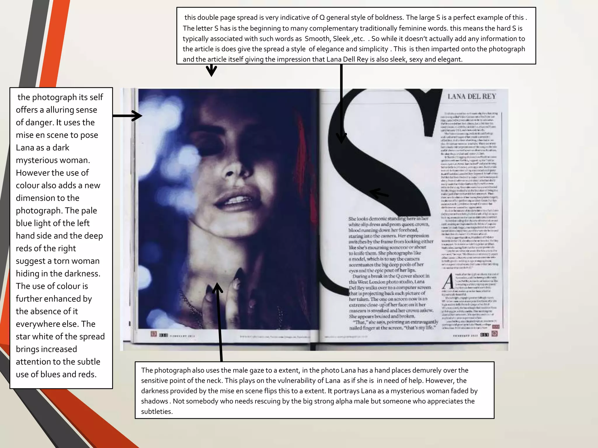 this double page spread is very indicative of Q general style of boldness. The large S is a perfect example of this .
The letter S has is the beginning to many complementary traditionally feminine words. this means the hard S is
typically associated with such words as Smooth, Sleek ,etc. . So while it doesn’t actually add any information to
the article is does give the spread a style of elegance and simplicity . This is then imparted onto the photograph
and the article itself giving the impression that Lana Dell Rey is also sleek, sexy and elegant.
the photograph its self
offers a alluring sense
of danger. It uses the
mise en scene to pose
Lana as a dark
mysterious woman.
However the use of
colour also adds a new
dimension to the
photograph. The pale
blue light of the left
hand side and the deep
reds of the right
suggest a torn woman
hiding in the darkness.
The use of colour is
further enhanced by
the absence of it
everywhere else. The
star white of the spread
brings increased
attention to the subtle
use of blues and reds. The photographalso uses the male gaze to a extent, in the photo Lana has a hand places demurely over the
sensitive point of the neck. This plays on the vulnerability of Lana as if she is in need of help. However, the
darkness provided by the mise en scene flips this to a extent. It portrays Lana as a mysterious woman faded by
shadows . Not somebody who needs rescuing by the big strong alpha male but someone who appreciates the
subtleties.
 