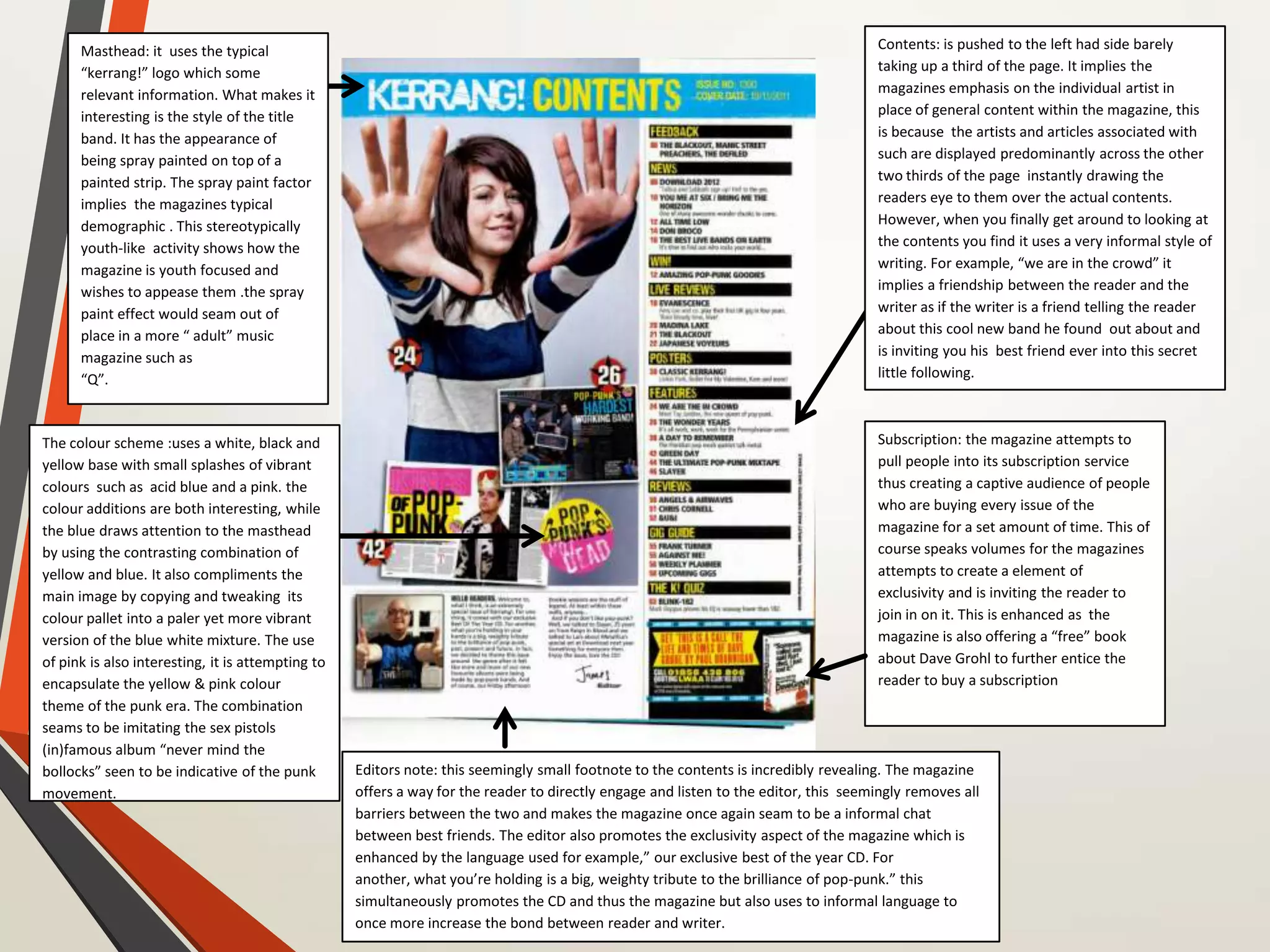 The colour scheme :uses a white, black and
yellow base with small splashes of vibrant
colours such as acid blue and a pink. the
colour additions are both interesting, while
the blue draws attention to the masthead
by using the contrasting combination of
yellow and blue. It also compliments the
main image by copying and tweaking its
colour pallet into a paler yet more vibrant
version of the blue white mixture. The use
of pink is also interesting, it is attempting to
encapsulate the yellow & pink colour
theme of the punk era. The combination
seams to be imitating the sex pistols
(in)famous album “never mind the
bollocks” seen to be indicative of the punk
movement.
Masthead: it uses the typical
“kerrang!” logo which some
relevant information. What makes it
interesting is the style of the title
band. It has the appearance of
being spray painted on top of a
painted strip. The spray paint factor
implies the magazines typical
demographic . This stereotypically
youth-like activity shows how the
magazine is youth focused and
wishes to appease them .the spray
paint effect would seam out of
place in a more “ adult” music
magazine such as
“Q”.
Editors note: this seemingly small footnote to the contents is incredibly revealing. The magazine
offers a way for the reader to directly engage and listen to the editor, this seemingly removes all
barriers between the two and makes the magazine once again seam to be a informal chat
between best friends. The editor also promotes the exclusivity aspect of the magazine which is
enhanced by the language used for example,” our exclusive best of the year CD. For
another, what you’re holding is a big, weighty tribute to the brilliance of pop-punk.” this
simultaneously promotes the CD and thus the magazine but also uses to informal language to
once more increase the bond between reader and writer.
Subscription: the magazine attempts to
pull people into its subscription service
thus creating a captive audience of people
who are buying every issue of the
magazine for a set amount of time. This of
course speaks volumes for the magazines
attempts to create a element of
exclusivity and is inviting the reader to
join in on it. This is enhanced as the
magazine is also offering a “free” book
about Dave Grohl to further entice the
reader to buy a subscription
Contents: is pushed to the left had side barely
taking up a third of the page. It implies the
magazines emphasis on the individual artist in
place of general content within the magazine, this
is because the artists and articles associated with
such are displayed predominantly across the other
two thirds of the page instantly drawing the
readers eye to them over the actual contents.
However, when you finally get around to looking at
the contents you find it uses a very informal style of
writing. For example, “we are in the crowd” it
implies a friendship between the reader and the
writer as if the writer is a friend telling the reader
about this cool new band he found out about and
is inviting you his best friend ever into this secret
little following.
 