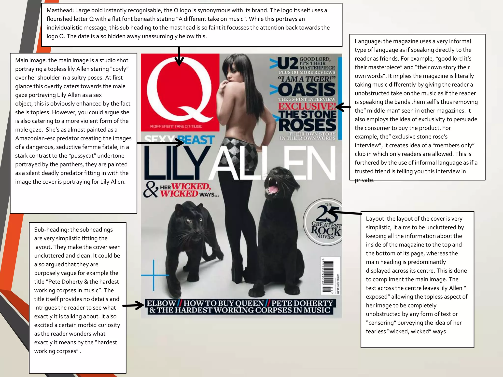 Masthead: Large bold instantly recognisable, the Q logo is synonymous with its brand. The logo its self uses a
flourished letter Q with a flat font beneath stating “A different take on music”. While this portrays an
individualistic message, this sub heading to the masthead is so faint it focusses the attention back towards the
logo Q. The date is also hidden away unassumingly below this.
Layout: the layout of the cover is very
simplistic, it aims to be uncluttered by
keeping all the information about the
inside of the magazine to the top and
the bottom of its page, whereas the
main heading is predominantly
displayed across its centre. This is done
to compliment the main image. The
text across the centre leaves lily Allen “
exposed” allowing the topless aspect of
her image to be completely
unobstructed by any form of text or
“censoring” purveying the idea of her
fearless “wicked, wicked” ways
Main image: the main image is a studio shot
portraying a topless lily Allen staring “coyly”
over her shoulder in a sultry poses. At first
glance this overtly caters towards the male
gaze portraying Lily Allen as a sex
object, this is obviously enhanced by the fact
she is topless. However, you could argue she
is also catering to a more violent form of the
male gaze. She’s as almost painted as a
Amazonian-esc predator creating the images
of a dangerous, seductive femme fatale, in a
stark contrast to the “pussycat” undertone
portrayed by the panthers, they are painted
as a silent deadly predator fitting in with the
image the cover is portraying for Lily Allen.
Language:the magazine uses a very informal
type of language as if speaking directly to the
reader as friends. For example, “good lord it’s
their masterpiece” and “their own story their
own words”. It implies the magazine is literally
taking music differently by giving the reader a
unobstructed take on the music as if the reader
is speaking the bands them self’s thus removing
the” middle man” seen in other magazines. It
also employs the idea of exclusivity to persuade
the consumer to buy the product. For
example, the” exclusive stone rose’s
interview”, It creates idea of a “members only”
club in which only readers are allowed. This is
furthered by the use of informal language as if a
trusted friend is telling you this interview in
private.
Sub-heading: the subheadings
are very simplistic fitting the
layout. They make the cover seen
uncluttered and clean. It could be
also argued that they are
purposely vague for example the
title “Pete Doherty & the hardest
working corpses in music”. The
title itself provides no details and
intrigues the reader to see what
exactly it is talking about. It also
excited a certain morbid curiosity
as the reader wonders what
exactly it means by the “hardest
working corpses” .
 