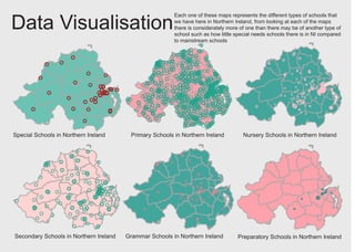 Data Visualisation
Each one of these maps represents the different types of schools that
we have here in Northern Ireland, from looking at each of the maps
there is considerately more of one than there may be of another type of
school such as how little special needs schools there is in NI compared
to mainstream schools
Special Schools in Northern Ireland
Secondary Schools in Northern Ireland
Primary Schools in Northern Ireland Nursery Schools in Northern Ireland
Grammar Schools in Northern Ireland Preparatory Schools in Northern Ireland
 