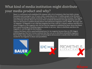 What kind of media institution might distribute
your media product and why?
      Bauer is a well known well established UK company with a lot of customers, they have built a strong
      foundation and running for over 25 years, with a readership of over 19 million people in the UK alone,
  


      bearing in mind that they publish worldwide. There are locations in countries like Germany, USA, Nigeria,
      most of Europe and Asia. Bauer also increase their worldwide distribution through television and radio.
      They are also known to publish already famous and well known magazines such as ‘MOJO’, ‘Kerrang!’ and
      ‘Q’ magazine. ‘Q’ Magazine is not a Hip-Hop magazine but it has a aim for a classier audience and there is a
      sense of elegance in the magazine also, the fact that the magazine is published by Bauer shows that Bauer
      have a good knowledge of handling magazines similar to my own, where to distribute and direct the

      I believe that Bauer will be a good publishing house for my magazine because they are UK's biggest
      magazine to and through the best medium.

      publishing group, they have various mediums that they can use to distribute and publish magazines.
  


      Bauer being a large company in a country of technological advancement is exactly what I feel will be
      needed for my magazine to abuse such possibilities.




                                                                                                        Rhapso
 