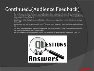 Continued..(Audience Feedback)
     Due to the answers from the survey and feedback about my magazine, I learnt to always have an open
     mind because their replies may spark new ideas. I received answers to my question (‘Would you buy my
 


     magazine?, if so why?’)such as:
     ‘Yes, because it has the right amount of text, the colour scheme is good and overall it looks interesting,’.
     (Sasha, 17)
 


     ‘Yes, because it is sold for a reasonable price, I’d charge more because it looks of a higher quality’.(Amrit,
     18)
 


     ‘No, there are no pictures of any male figures, so at first sight I wouldn’t know if it was unisex magazine
     and I don’t really like the genre’.(Romeo, 18)
 


    ‘Yes, it is very eye-catching, I love the stories and the article on the artist, very impressive’.(Jack, 15)




                                                                                                           Rhapso
 