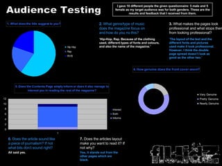 Audience Testing 2.  What genre/type of music does the magazine focus on and how do you no this? ‘ Hip-Hop, Rap. Because of the clothing used, different types of fonts and colours, and also the name of the magazine.’ I g I gave 10 different people the given questionnaire: 5 male and 5 female as my target audience was for both genders. These are the results and feedback that I received from them. 3.  What makes the pages look professional and what stops them from looking professional? ‘ The layout of the text and the different fonts and pictures used make it look professional. However, I think the double page spread doesn’t look as good as the other two.’ 6.  Does the article sound like a piece of journalism? If not what bits don’t sound right? All said yes. 7.  Does the articles layout make you want to read it? If not why? Yes, it stands out from the other pages which are black. 