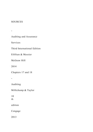 SOURCES
-
Auditing and Assurance
Services
Third International Edition
Eilifsen & Messier
McGraw Hill
2014
Chapters 17 and ...
