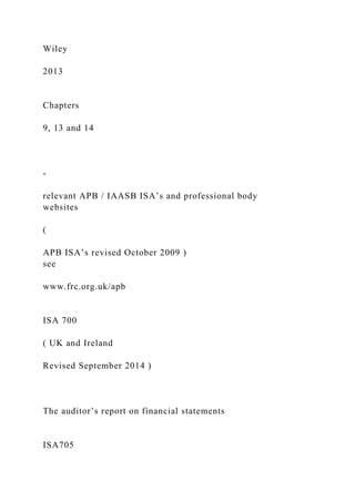 Wiley
2013
Chapters
9, 13 and 14
-
relevant APB / IAASB ISA’s and professional body
websites
(
APB ISA’s revised October 2...