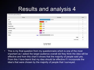 Results and analysis 4 This is my final question from my questionnaire which is one of the most important as I asked the target audience overall did they think the idea will be effective and from this chart it shows that the majority of people said yes. From this I have learnt that my idea should be effective if I incorporate the idea’s that were chosen by the majority of people that I surveyed.   