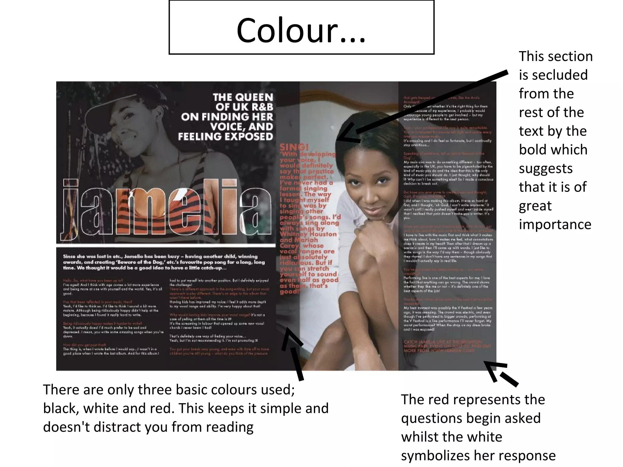 Colour...                          This section
                                                                  is secluded
                                                                  from the
                                                                  rest of the
                                                                  text by the
                                                                  bold which
                                                                  suggests
                                                                  that it is of
                                                                  great
                                                                  importance




There are only three basic colours used;
                                                 The red represents the
black, white and red. This keeps it simple and
                                                 questions begin asked
doesn't distract you from reading
                                                 whilst the white
                                                 symbolizes her response
 