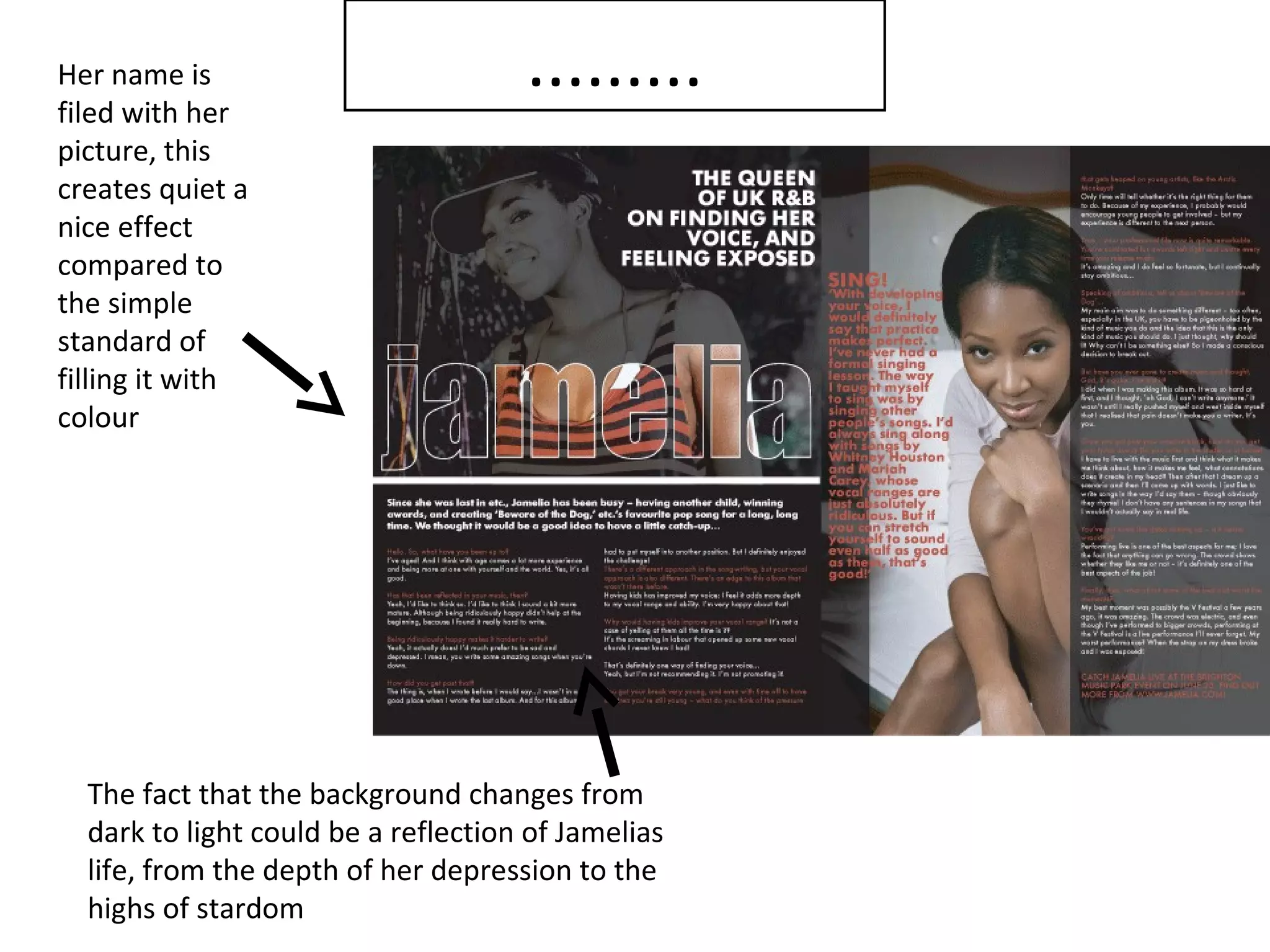 Her name is
filed with her
                                     .........
picture, this
creates quiet a
nice effect
compared to
the simple
standard of
filling it with
colour




  The fact that the background changes from
  dark to light could be a reflection of Jamelias
  life, from the depth of her depression to the
  highs of stardom
 
