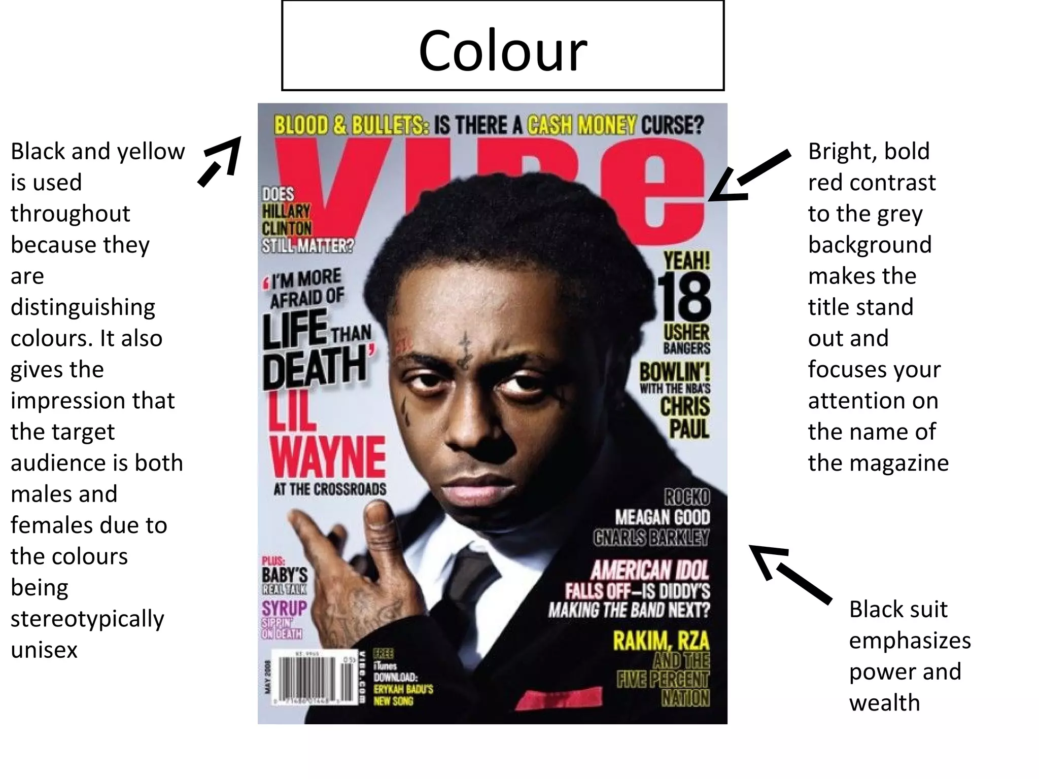 Colour
Black and yellow            Bright, bold
is used                     red contrast
throughout                  to the grey
because they                background
are                         makes the
distinguishing              title stand
colours. It also            out and
gives the                   focuses your
impression that             attention on
the target                  the name of
audience is both            the magazine
males and
females due to
the colours
being
stereotypically                Black suit
unisex                         emphasizes
                               power and
                               wealth
 