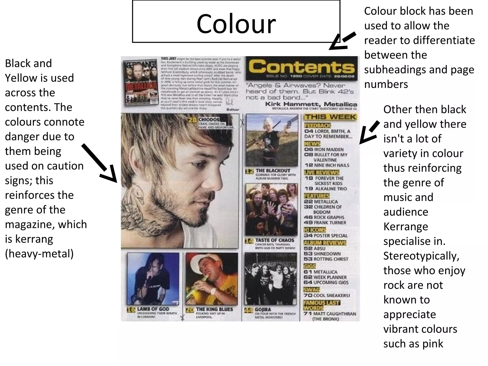 Colour block has been
                  Colour   used to allow the
                           reader to differentiate
                           between the
Black and
                           subheadings and page
Yellow is used
                           numbers
across the
contents. The                 Other then black
colours connote               and yellow there
danger due to                 isn't a lot of
them being                    variety in colour
used on caution               thus reinforcing
signs; this                   the genre of
reinforces the                music and
genre of the                  audience
magazine, which               Kerrange
is kerrang                    specialise in.
(heavy-metal)                 Stereotypically,
                              those who enjoy
                              rock are not
                              known to
                              appreciate
                              vibrant colours
                              such as pink
 