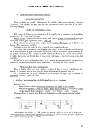 COURS BARDON - EXCEL 2007 / CHAPITRE 7
57
 Deux méthodes d’attribution d’un nom :
 Saisie dans la zone Nom
Cette méthode est rapide. Sélectionnez les cellules dont vous souhaitez nommer
l’ensemble. Puis saisissez un nom dans la zone Nom (zone gauche au-dessus de la grille).
Validez par Entrée.
 Fenêtre « Gestionnaire de noms »
Elle permet de définir un nom, également de le modifier, de le supprimer, ou de modifier
les références des cellules qu’il désigne.
Pour l’afficher, activez le bouton du même nom, dans le groupe « Noms définis » (onglet
Formules), ou bien, plus rapidement, faites : Ctrl + F3.
Pour attribuer un nouveau nom, cliquez sur le bouton « Nouveau » de la fenêtre. La
fenêtre « Nouveau nom » s’affiche.
Saisissez un nom, ou gardez le nom éventuellement proposé par Excel.
Au lieu de saisir directement les références, vous pouvez activer le bouton de réduction en
fin de zone de saisie , puis sélectionner les cellules. Activez le bouton d’agrandissement .
La fenêtre « Nouveau nom » s’affiche avec les références absolues des cellules sélectionnées,
précédées du nom de leur feuille, dans la zone « Fait référence à ». Ces références peuvent être
modifiées.
Par défaut, le nom est disponible dans tout le classeur. Vous pouvez définir une autre zone
de validité, une feuille sur laquelle il sera disponible, à l’exclusion des autres feuilles.
 Attribution d’un nom à une constante
Dans la fenêtre « Nouveau nom » (utilisée ci-dessus), dans la zone « Fait référence à »,
saisissez la constante, sans le signe égal, s’il s’agit d’une constante autre qu’un texte.
Si la constante est un texte, saisissez le texte précédé du signe égal et entouré de
guillemets. Exemple : =«Le total est ».
 Attribuer les noms de leurs intitulés aux lignes et aux colonnes
Procédez ainsi :
- Sélectionnez le tableau en incluant les intitulés des lignes et des colonnes.
- Affichez la fenêtre « Créer des noms à partir de la sélection » : activez le bouton
« Créer à partir de la sélection », groupe « Noms définis » (onglet Formules).
Chaque colonne et chaque ligne de la zone de cellules possède alors son nom d’intitulé.
Exemple
A B C D
1 Mai Juin Juillet
2 salamandres 84 105 62
3 grillons 18 72 33
Sélectionnez les cellules A1 :D3. Activez le bouton « Créer à partir de la sélection ».
Dans la fenêtre « Créer des noms à partir de la sélection », laissez cochées les cases » Ligne du
haut » et « Colonne de gauche ». Validez.
 