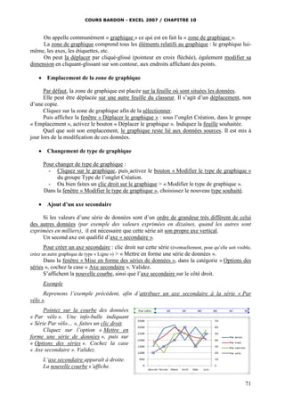 COURS BARDON - EXCEL 2007 / CHAPITRE 10
71
On appelle communément « graphique » ce qui est en fait la « zone de graphique ».
La zone de graphique comprend tous les éléments relatifs au graphique : le graphique lui-
même, les axes, les étiquettes, etc.
On peut la déplacer par cliqué-glissé (pointeur en croix fléchée), également modifier sa
dimension en cliquant-glissant sur son contour, aux endroits affichant des points.
 Emplacement de la zone de graphique
Par défaut, la zone de graphique est placée sur la feuille où sont situées les données.
Elle peut être déplacée sur une autre feuille du classeur. Il s’agit d’un déplacement, non
d’une copie.
Cliquez sur la zone de graphique afin de la sélectionner.
Puis affichez la fenêtre « Déplacer le graphique » : sous l’onglet Création, dans le groupe
« Emplacement », activez le bouton « Déplacer le graphique ». Indiquez la feuille souhaitée.
Quel que soit son emplacement, le graphique reste lié aux données sources. Il est mis à
jour lors de la modification de ces données.
 Changement de type de graphique
Pour changer de type de graphique :
- Cliquez sur le graphique, puis activez le bouton « Modifier le type de graphique »
du groupe Type de l’onglet Création.
- Ou bien faites un clic droit sur le graphique > « Modifier le type de graphique ».
Dans la fenêtre « Modifier le type de graphique », choisissez le nouveau type souhaité.
 Ajout d’un axe secondaire
Si les valeurs d’une série de données sont d’un ordre de grandeur très différent de celui
des autres données (par exemple des valeurs exprimées en dizaines, quand les autres sont
exprimées en milliers), il est nécessaire que cette série ait son propre axe vertical.
Un second axe est qualifié d’axe « secondaire ».
Pour créer un axe secondaire : clic droit sur cette série (éventuellement, pour qu’elle soit visible,
créez un autre graphique de type « Ligne ») > « Mettre en forme une série de données ».
Dans la fenêtre « Mise en forme des séries de données », dans la catégorie « Options des
séries », cochez la case « Axe secondaire ». Validez.
S’affichent la nouvelle courbe, ainsi que l’axe secondaire sur le côté droit.
Exemple
Reprenons l’exemple précédent, afin d’attribuer un axe secondaire à la série « Par
vélo ».
Pointez sur la courbe des données
« Par vélo ». Une info-bulle indiquant
« Série Par vélo… », faites un clic droit.
Cliquez sur l’option « Mettre en
forme une série de données », puis sur
« Options des séries ». Cochez la case
« Axe secondaire ». Validez.
L’axe secondaire apparaît à droite.
La nouvelle courbe s’affiche.
 