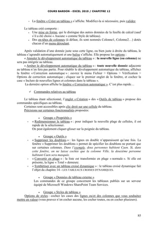 COURS BARDON - EXCEL 2010 / CHAPITRE 12
85
- La fenêtre « Créer un tableau » s’affiche. Modifiez-la si nécessaire, puis validez.
Le tableau créé comporte :
 Une mise en forme, qui le distingue des autres données de la feuille de calcul (sauf
s’il a été choisi « Aucune » comme Style de tableau).
 Des en-têtes de colonnes (à défaut, ils sont nommés Colonne1, Colonne2…) dotés
chacun d’un menu déroulant.
Après validation d’une donnée juste sous cette ligne, ou bien juste à droite du tableau, le
tableau s’agrandit automatiquement et une balise s’affiche. Elle propose les options :
« Annuler le développement automatique du tableau » : la nouvelle ligne (ou colonne) ne
sera pas intégrée au tableau.
« Arrêter le développement automatique du tableau » : toute nouvelle donnée adjacente
au tableau n’en fera pas partie. Pour rétablir le développement automatique du tableau, affichez
la fenêtre « Correction automatique » : ouvrez le menu Fichier > Options > Vérification >
Options de correction automatique ; cliquez sur le premier onglet de la fenêtre, et cochez la
case « Inclure de nouvelles lignes et colonnes dans le tableau ».
La dernière option affiche la fenêtre « Correction automatique ». C’est plus rapide…
 Commandes relatives au tableau
Le tableau étant sélectionné, l’onglet « Création » des « Outils de tableau » propose des
commandes spécifiques au tableau.
Certaines sont accessibles après clic droit sur une cellule du tableau.
Précisions sur certaines fonctionnalités proposées:
 Groupe « Propriétés »
- « Redimensionner le tableau » : pour indiquer la nouvelle plage de cellules, il est
rapide de la sélectionner.
On peut également cliquer-glisser sur la poignée du tableau.
 Groupe « Outils »
- « Supprimer les doublons » : les lignes en double n’apparaissent qu’une fois. La
fenêtre « Supprimer les doublons » permet de spécifier les doublons ne portant que
sur certaines colonnes. Dans l’exemple, deux personnes habitent Caen. Si, dans
cette fenêtre, on ne laisse cochée que la colonne Ville, la deuxième personne
habitant Caen sera masquée.
- « Convertir en plage » : la liste est transformée en plage « normale ». Si elle est
présente, la ligne « Total » demeure.
- « Synthétiser avec un tableau croisé dynamique » : le tableau croisé dynamique fait
l’objet du chapitre 14 - LES TABLEAUX CROISES DYNAMIQUES.
 Groupe « Données de tableau externe »
Les commandes de ce groupe concernent les tableaux publiés sur un serveur
équipé de Microsoft Windows SharePoint Team Services.
 Groupe « Styles de tableau »
Options de styles : cochez les cases des lignes ou/et des colonnes que vous souhaitez
mettre en valeur (vous pouvez n’en cocher aucune, les cocher toutes, ou en cocher plusieurs).
 
