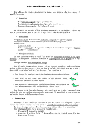 COURS BARDON - EXCEL 2010 / CHAPITRE 11
80
Pour afficher les points : sélectionnez la forme, puis faites un clic droit dessus >
Modifier les points.
 Les points
- Pour déplacer un point, cliquez-glissez dessus.
- Pour ajouter et déplacer un point, cliquez-glisser sur le tracé.
- Pour supprimer un point : Ctrl + clic sur le point.
Un clic droit sur un point affiche plusieurs commandes, en particulier : « Ajouter un
point », « Supprimer un point », « Fermer la trajectoire » / « Ouvrir la trajectoire ».
 Les segments
Une portion de ligne, droite ou courbe, située entre deux points, est appelée « segment ».
Un segment droit peut être transformé en segment courbe, et réciproquement.
Procédez ainsi :
- Affichez les points.
- Faites un clic droit sur le segment à modifier > choisissez l’une des options « Segment
courbé » ou « Segment droit ».
 Les lignes directrices
On peut également modifier le tracé d’une forme en changeant l’orientation de ses lignes
directrices. Ce changement d’orientation s’effectue en cliquant-glissant sur la poignée de la ligne
directrice.
Une ligne directrice passe par un point d’ancrage.
Pour afficher les lignes relatives à un point : affichez les points, puis cliquez sur le point dont on
souhaite modifier une ligne directrice. Si aucune ligne ne s’affiche, faites un clic droit sur le point, et
donnez-lui le type « Point d’angle », « Point lisse » ou « Point symétrique ».
- Point d’angle : les deux lignes sont déplaçables indépendamment l’une de l’autre.
- Point lisse : les deux lignes sont alignées et leurs poignées restent
symétriques par rapport au point d’ancrage.
- Point symétrique : les deux lignes sont également alignées, mais cette fois, les
deux poignées sont déplaçables indépendamment l’une de l’autre.
Pour changer le type d’un point d’ancrage : faites un clic droit sur le point > choisissez le type
souhaité. Ou bien, tout en déplaçant une poignée : appuyez sur Alt pour obtenir un point d’angle, sur
Maj un point lisse, ou sur Ctrl un point symétrique.
 Connecteurs
Exceptées les trois formes que l’on vient de voir, les formes de la catégorie « Lignes »
peuvent être utilisées comme des « connecteurs », assurant une connexion entre deux formes.
Les connecteurs permettent à deux formes de rester reliées, même si on les déplace.
Pour relier deux formes par un connecteur, procédez ainsi :
- Cliquez sur le connecteur souhaité.
- Approchez le pointeur de la 1ère
forme, cliquez sur un point de connexion, sous
forme de carré rouge.
 