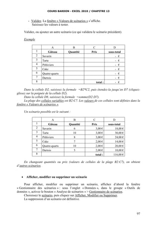 COURS BARDON - EXCEL 2010 / CHAPITRE 13
97
- Validez. La fenêtre « Valeurs de scénarios » s’affiche.
Saisissez les valeurs à tester.
Validez, ou ajoutez un autre scénario (ce qui validera le scénario précédent).
Exemple
A B C D
1 Gâteau Quantité Prix sous-total
2 Savarin - €
3 Tarte - €
4 Pithiviers - €
5 Cake - €
6 Quatre-quarts - €
7 Dartois - €
8 total : - €
Dans la cellule D2, saisissez la formule =B2*C2, puis étendez-la jusqu’en D7 (cliquez-
glissez sur la poignée de la cellule D2).
Dans la cellule D8, saisissez la formule =somme(D2:D7).
La plage des cellules variables est B2:C7. Les valeurs de ces cellules sont définies dans la
fenêtre « Valeurs de scénarios ».
Un scénario possible est le suivant :
A B C D
1 Gâteau Quantité Prix sous-total
2 Savarin 6 3,00 € 18,00 €
3 Tarte 10 3,00 € 30,00 €
4 Pithiviers 8 3,00 € 24,00 €
5 Cake 7 2,00 € 14,00 €
6 Quatre-quarts 10 2,00 € 20,00 €
7 Dartois 5 2,00 € 10,00 €
8 total : 116,00 €
En changeant quantités ou prix (valeurs de cellules de la plage B2:C7), on obtient
d’autres scénarios.
 Afficher, modifier ou supprimer un scénario
Pour afficher, modifier ou supprimer un scénario, affichez d’abord la fenêtre
« Gestionnaire des scénarios » : sous l’onglet « Données », dans le groupe « Outils de
données », activez le bouton « Analyse de scénarios » > Gestionnaire de scénarios.
Choisissez le scénario, puis cliquez sur Afficher, Modifier ou Supprimer.
La suppression d’un scénario est définitive.
 