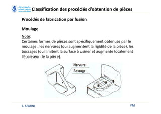 FM
Classification des procédés d’obtention de pièces
Procédés de fabrication par fusion
Moulage
Note:
Certaines formes de pièces sont spécifiquement obtenues par le
moulage : les nervures (qui augmentent la rigidité de la pièce), les
bossages (qui limitent la surface à usiner et augmente localement
l’épaisseur de la pièce).
S. SFARNI
 