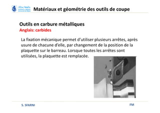 Outils en carbure métalliques
Anglais: carbides
FM
Matériaux et géométrie des outils de coupe
S. SFARNI
La fixation mécanique permet d’utiliser plusieurs arrêtes, après
usure de chacune d’elle, par changement de la position de la
plaquette sur le barreau. Lorsque toutes les arrêtes sont
utilisées, la plaquette est remplacée.
 