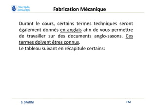 Durant le cours, certains termes techniques seront
également donnés en anglais afin de vous permettre
de travailler sur des documents anglo-saxons. Ces
termes doivent êtres connus.
Le tableau suivant en récapitule certains:
FM
Fabrication Mécanique
S. SFARNI
 