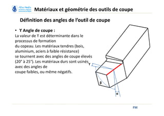 Définition des angles de l’outil de coupe
FM
Matériaux et géométrie des outils de coupe
ϒ
β
α
• ϒ Angle de coupe :
La valeur de ϒ est déterminante dans le
processus de formation
du copeau. Les matériaux tendres (bois,
aluminium, aciers à faible résistance)
se tournent avec des angles de coupe élevés
(20° à 25°). Les matériaux durs sont usinés
avec des angles de
coupe faibles, ou même négatifs.
 