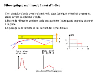 Fibre optique multimode à saut d'indice

C'est un guide d'onde dont le diamètre du cœur (quelques centaines de μm) est
grand devant la longueur d'onde.
L'indice de réfraction constant varie brusquement (saut) quand on passe du cœur
à la gaine.
Le guidage de la lumière se fait suivant des lignes brisées.




                           http://krimo666.mylivepage.com/
 