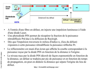 •   A l'entrée d'une fibre en défaut, on injecte une impulsion lumineuse à l'aide
                                   d'une diode Laser.
                               •   Une photodiode PIN permet de récupérer la fraction de la puissance
                                   rétrodiffusée Prd due à la diffusion de Rayleigh.
                               •   Dès que l'impulsion traversera le milieu d'indice n1 (lieu du défaut)
                                   s'ajoutera à cette puissance rétrodiffusée la puissance réfléchie Pr.
                               • Le réflectomètre est muni d'un écran qui affiche la courbe correspondant à la
                                 puissance reçue par la diode PIN en fonction de la distance à l'origine.
Cours MRIM: La fibre optique




                               • Le niveau reçu par la diode PIN décroît de façon exponentielle en fonction de
                                 la distance, un défaut se traduira par pic de puissance et en fonction du temps
                                 de propagation, on peut en déduire la distance qui sépare l'origine du lieu de
                                 défaut.
                                                            http://krimo666.mylivepage.com/
 
