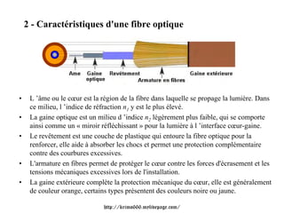 2 - Caractéristiques d'une fibre optique




•    L ’âme ou le cœur est la région de la fibre dans laquelle se propage la lumière. Dans
     ce milieu, l ’indice de réfraction n1 y est le plus élevé.
•    La gaine optique est un milieu d ’indice n2 légèrement plus faible, qui se comporte
     ainsi comme un « miroir réfléchissant » pour la lumière à l ’interface cœur-gaine.
•    Le revêtement est une couche de plastique qui entoure la fibre optique pour la
     renforcer, elle aide à absorber les chocs et permet une protection complémentaire
     contre des courbures excessives.
•    L'armature en fibres permet de protéger le cœur contre les forces d'écrasement et les
     tensions mécaniques excessives lors de l'installation.
•    La gaine extérieure complète la protection mécanique du cœur, elle est généralement
     de couleur orange, certains types présentent des couleurs noire ou jaune.

                               http://krimo666.mylivepage.com/
 