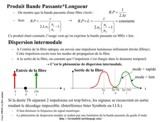 Produit Bande Passante*Longueur
                                                                                                                        1
                                  – On montre que la bande passante d'une fibre s'écrit :                       B.P =
                                                                                                                       2.Δt
                                                             c           →
                                                                                                c
                                  – Soit:           B.P =                      B.P × L =                             = constante
                                                            ⎛n     ⎞                           ⎛n      ⎞
                                                     2.L.n1.⎜ 1 − 1⎟                      2.n1.⎜ 1 − 1⎟
                                                            ⎝ n2 ⎠                             ⎜n      ⎟
                                                                                               ⎝ 2 ⎠
                               Ce produit étant constant, l’usage veut qu’on exprime la bande passante en MHz × km.
                               Dispersion intermodale
                                 – A l’entrée de la fibre optique, on envoie une impulsion lumineuse infiniment étroite (Dirac).
                                   Cette impulsion excite tous les modes de propagation de la fibre.
                                 – A la sortie de la fibre, on constate que l’impulsion s’est élargie dans le domaine temporel:
                                                         → C’est le phénomène de dispersion intermodale.
                                     Entrée de la fibre                              Sortie de la fibre                           mode + rapide
                                                                                                                                    mode + lent

                                                                             t                            Tp      Tp+Tb Tp+2Tb             t
                                     0         Tb     2Tb
Cours MRIM: La fibre optique




                                                                                                          1         0      1
                                     1         0       1

                               Si la durée Tb séparant 2 impulsions est trop brève, les signaux se recouvrent en sortie
                               rendant le décodage impossible. (Interférence Inter Symbole ou I.I.S.)
                                 –       Il faut diminuer la fréquence du signal numérique.
                                 –       Le phénomène de dispersion modale se traduit par une limitation de la bande passante du guide d’onde.
                                                                            http://krimo666.mylivepage.com/
 