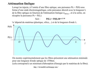 Atténuation linéique
       Lorsqu’on injecte, à l’entrée d’une fibre optique, une puissance Pe = P(0) sous
       forme d’une onde électromagnétique, cette puissance décroît avec la longueur L
       de la fibre optique en fonction de l'atténuation linéique αdB/km , et à la sortie, on
       récupère la puissance Ps = P(L).
                                 Soit :       P(L) = P(0).10-α.L/10
       'α' dépend du matériau (plastique, silice,...) et de la longueur d'onde λ.
P(0)



P(L)

              O                                                                L
                                                                                          l




       On montre expérimentalement que les fibres présentent une atténuation minimale
       pour une longueur d'onde optique de 1550nm.
       (cela correspond à un minimum d'absorption d'énergie par le matériau de la fibre).
                               http://krimo666.mylivepage.com/
 
