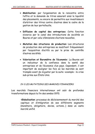 ESC CASTAING 2011 -2012              MASTER AUDIT ET CONTRÔLE DE GESTION


         • Mobilisation: par l’organisation de la rencontre entre
           l’offre et la demande de titres assurant ainsi la liquidité
           des placements, ou encore de permettre aux investisseurs
           d’arbitrer des titres contre d’autres dans le cadre de la
           gestion de leur portefeuille.

         • Diffusion de capital des entreprises: Cette fonction
           s’exerce par le canal des introductions de sociétés en
           Bourse et par celui d’émissions d’actions nouvelles.

         • Mutation des structures de production: Les structures
           de production des entreprises se modifient fréquemment
           par l’acquisition d’actifs ou par la prise de contrôle
           d’autres sociétés.

         • Valorisation et Baromètre de l’économie: La Bourse est
           un indicateur de la confiance dans la santé des
           entreprises et de l’économie d’un pays. Cependant, il est
           important de souligner les fois où les marchés se sont
           trompés avant de s’ajuster par la suite –exemple : la crise
           sub-prime aux États-Unis.



          IV-3 LES MUTATIONS DES MARCHES FINANCIERS

Les marchés financiers internationaux ont subi de profondes
transformations depuis la fin des années 1970.

          •Globalisation: processus de décloisonnement du marché des
          capitaux et d’intégration de ses différents segments
          (monétaire, obligataire, devise, actions…) dans un vaste
          marché unifié




TAPE Gustave Flaubert : Expert Comptable                             Page 22
 