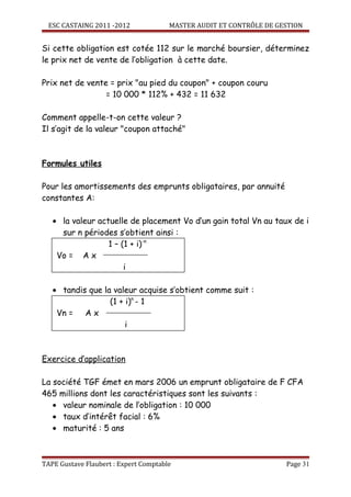 ESC CASTAING 2011 -2012              MASTER AUDIT ET CONTRÔLE DE GESTION


Si cette obligation est cotée 112 sur le marché boursier, déterminez
le prix net de vente de l’obligation à cette date.

Prix net de vente = prix "au pied du coupon" + coupon couru
                 = 10 000 * 112% + 432 = 11 632

Comment appelle-t-on cette valeur ?
Il s’agit de la valeur "coupon attaché"



Formules utiles

Pour les amortissements des emprunts obligataires, par annuité
constantes A:

   • la valeur actuelle de placement Vo d’un gain total Vn au taux de i
     sur n périodes s’obtient ainsi :
                  1 – (1 + i)-n
    Vo = A x
                       i

   • tandis que la valeur acquise s’obtient comme suit :
                  (1 + i)n - 1
    Vn = A x
                       i



Exercice d’application

La société TGF émet en mars 2006 un emprunt obligataire de F CFA
465 millions dont les caractéristiques sont les suivants :
   • valeur nominale de l’obligation : 10 000
   • taux d’intérêt facial : 6%
   • maturité : 5 ans



TAPE Gustave Flaubert : Expert Comptable                             Page 31
 